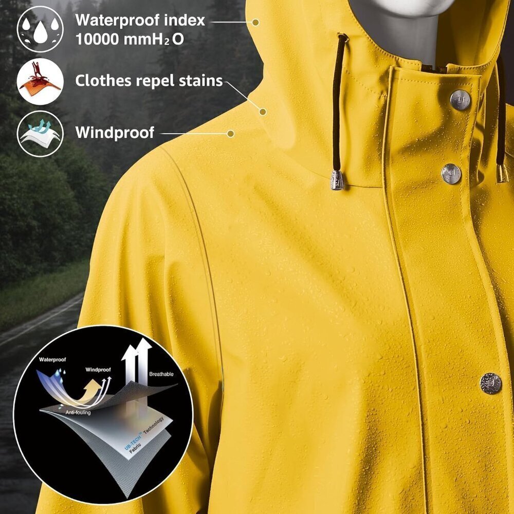 Women Yellow Fleece Long Hooded Waterproof Rain Windbreaker Trench Coat Outdoor - Picture 4 of 5